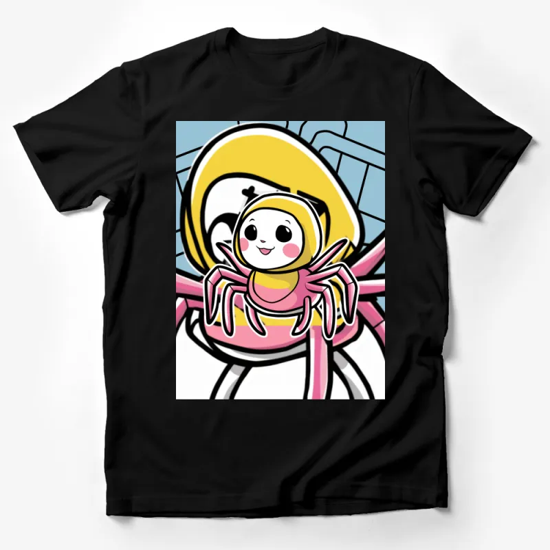 Cute Spider Cartoon Character T-Shirt, Kids Fun Yellow and Pink Tee, Unique Graphic Design Shirt for All Ages Male T-Shirt