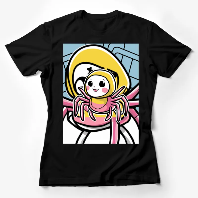 Cute Spider Cartoon Character T-Shirt, Kids Fun Yellow and Pink Tee, Unique Graphic Design Shirt for All Ages Female T-Shirt