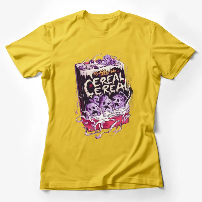 Gothic Cereal Box Design T-Shirt, Spooky Breakfast Milk Carton Graphic Tee, Unique Horror Art Apparel Female T-Shirt