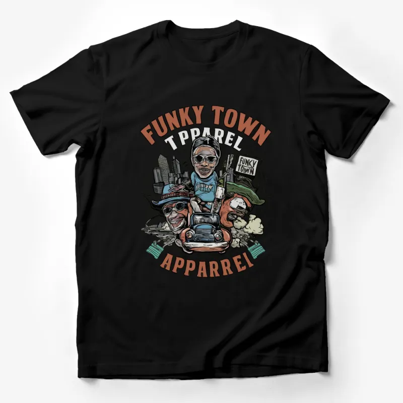 Funky Town Apparel T-Shirt, Colorful Cityscape and Car Graphic Tee, Urban Style Shirt Male T-Shirt