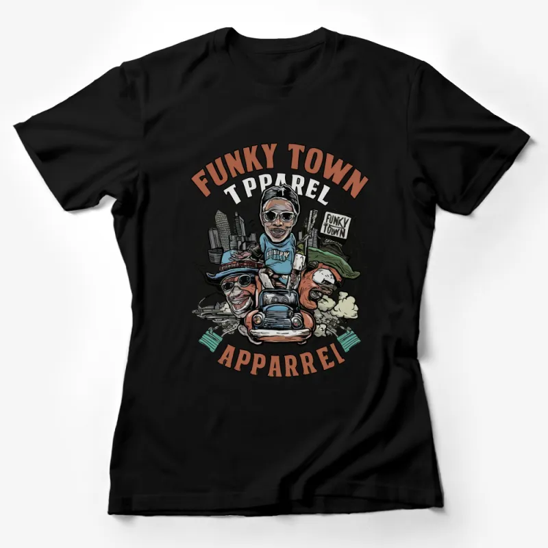 Funky Town Apparel T-Shirt, Colorful Cityscape and Car Graphic Tee, Urban Style Shirt Female T-Shirt