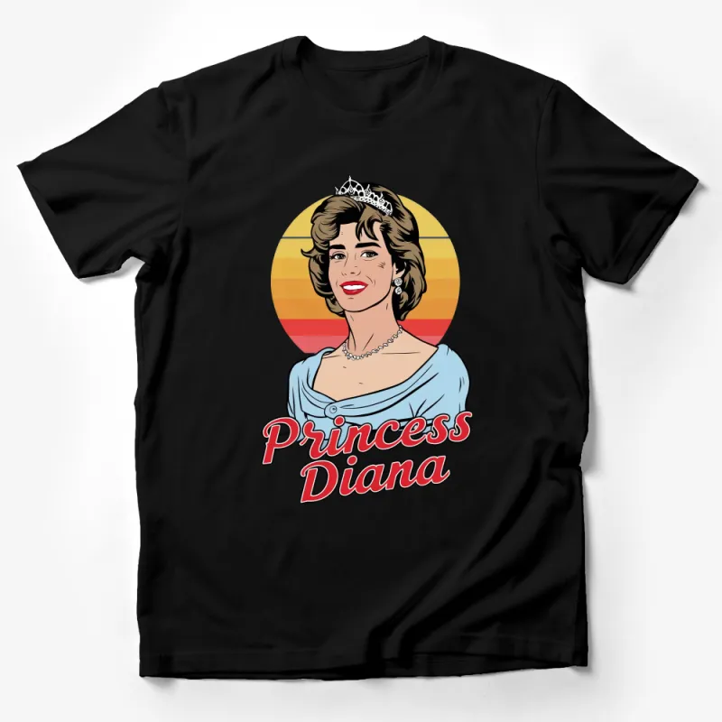 Vintage Princess Diana Graphic Tee, Retro Style Royal Icon T-Shirt, Colorful Striped Background Male T-Shirt