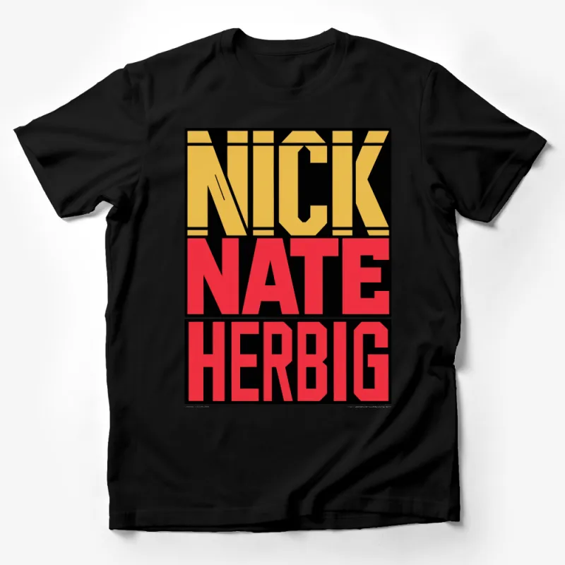 Nick Nate Herbig Bold Graphic T-Shirt, Retro Style Font Tee, Vibrant Red and Yellow Shirt Male T-Shirt