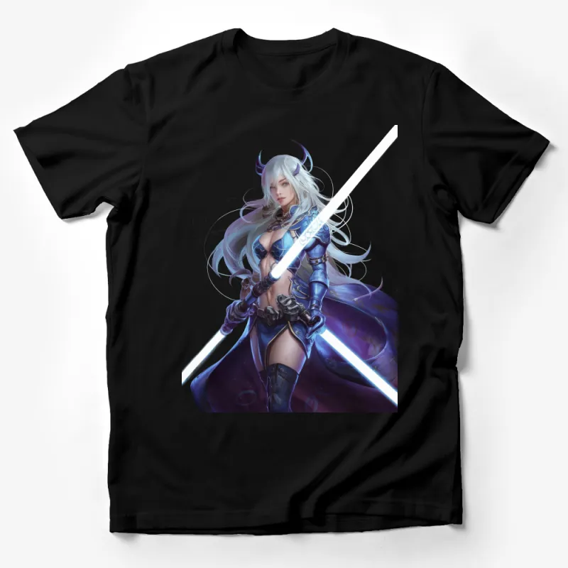 Fantasy Warrior Woman T-Shirt, Anime Style Character, Blue Armor, Horns Male T-Shirt