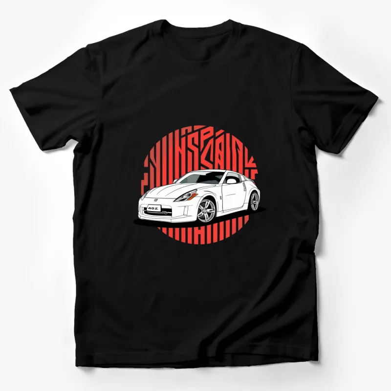 White Sports Car Graphic Tee, Nissan 370Z Fan Shirt, Automotive Enthusiast, Unique Car Design, Striped Background Male T-Shirt