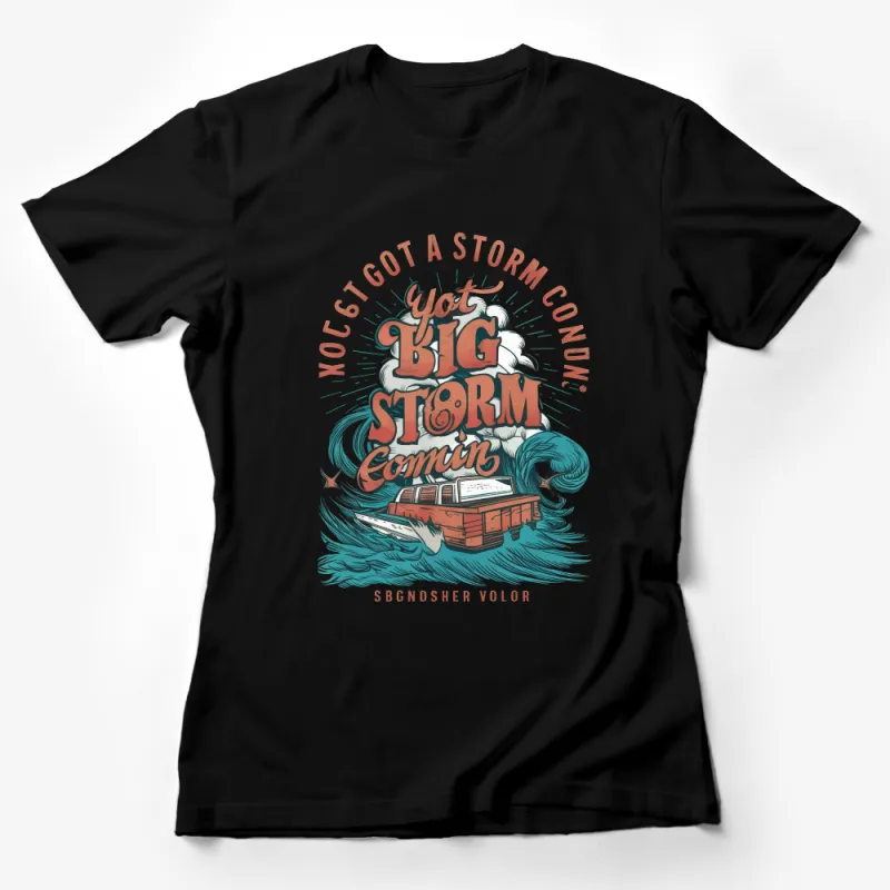 Vintage Storm Graphic T-Shirt, Retro Style Nautical Tee, Unique Boat and Wave Design Shirt Female T-Shirt