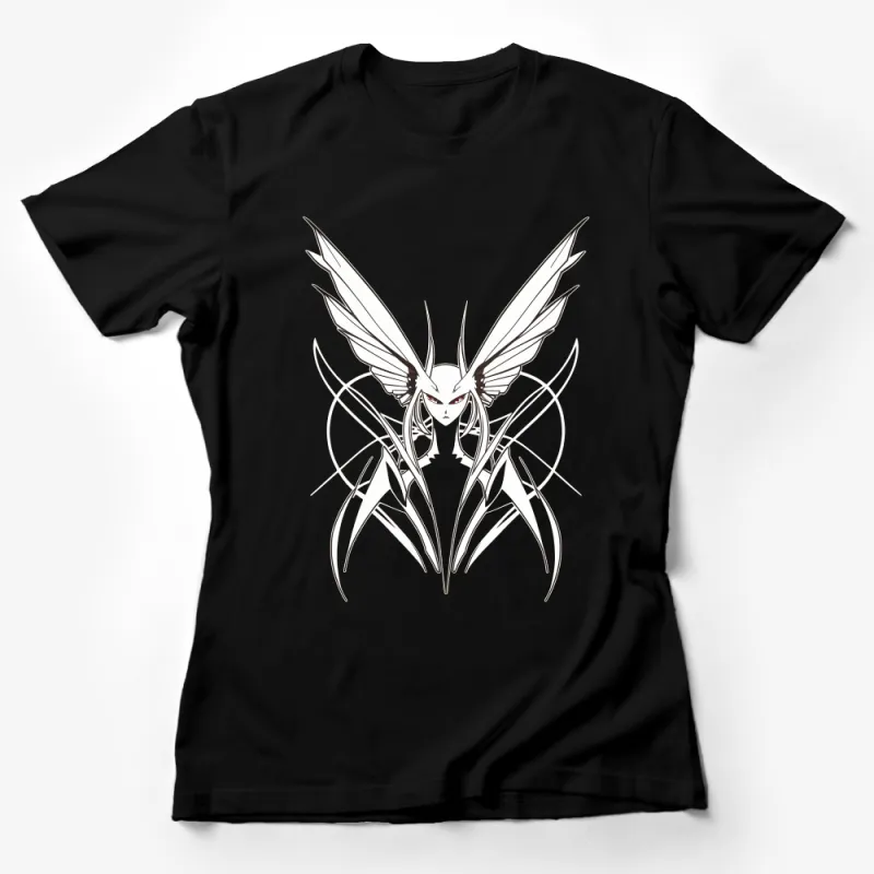 Abstract Angel Winged Creature Design T-Shirt, Artistic Monochrome Graphic Tee, Unisex Fashion Wear Female T-Shirt