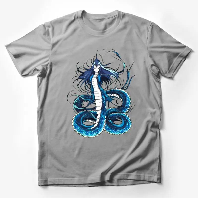 Blue Serpent Goddess Graphic Tee, Mythical Creature Design, Fantasy Art T-Shirt, Unique Anime Style Top Male T-Shirt