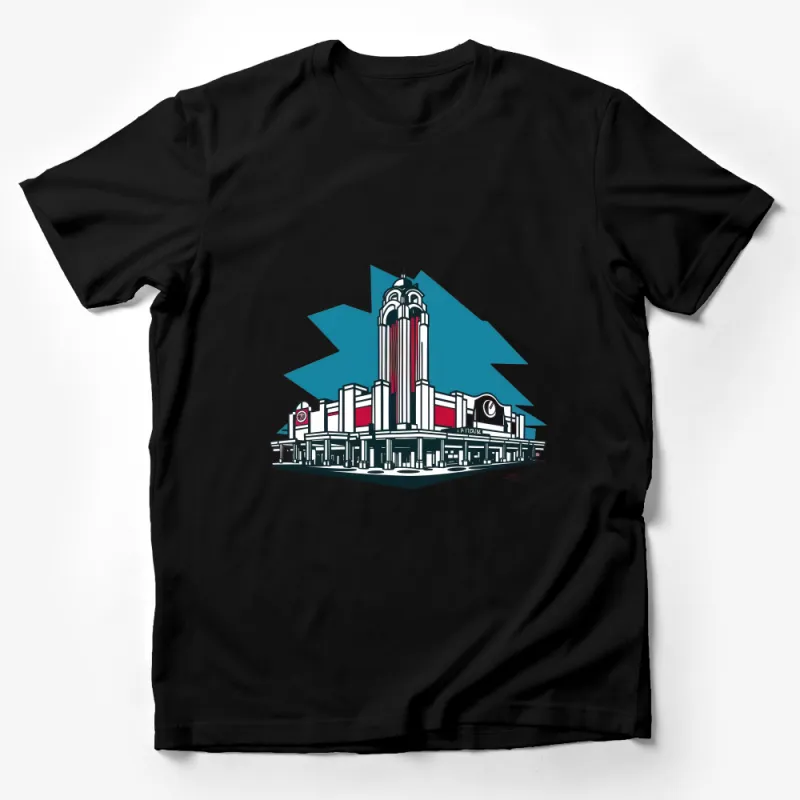 Vintage Art Deco Building Illustration, Retro Architectural Graphic, Unique Cityscape T-Shirt, Cool Urban Apparel Male T-Shirt