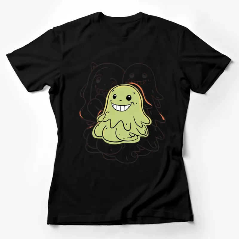 Cute Ghost and Smiling Blob Monster Cartoon Graphic T-Shirt, Fun Halloween Apparel Female T-Shirt