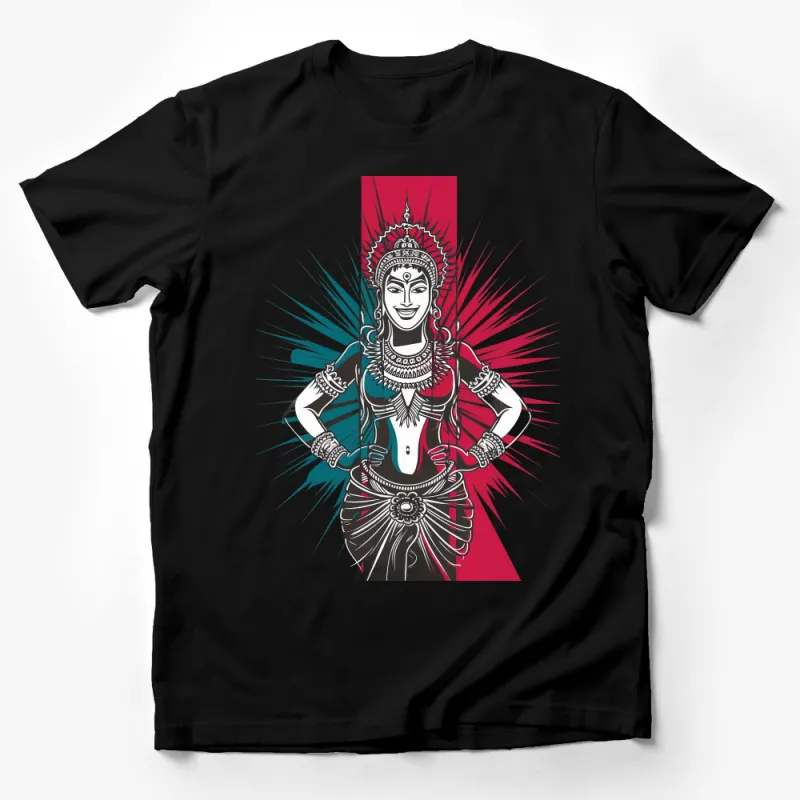 Traditional Indian Goddess Art T-Shirt, Vibrant Red and White Graphic Tee, Cultural Folklore Fashion, Unisex Apparel Male T-Shirt