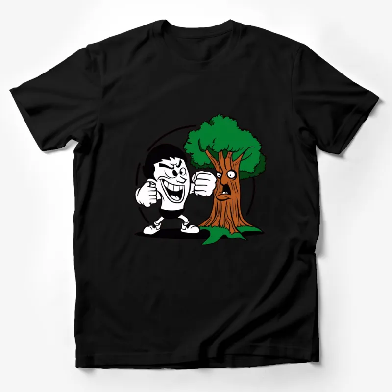 Cartoon Angry Boy and Scared Tree Graphic T-Shirt, Funny Character Design, Unisex Tee Male T-Shirt