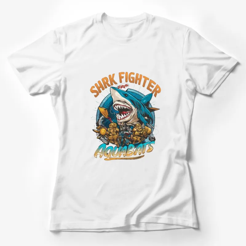 Aquabats Shark Fighter Graphic T-Shirt, Cool Shark Cartoon Tee, Fun Ocean Inspired Apparel Female T-Shirt