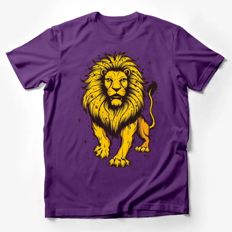 Majestic Lion Graphic T-Shirt, Gold Ink Star Elements, Unisex Cotton Tee, Gift for Animal Lovers, Wildlife Art Apparel Male T-Shirt