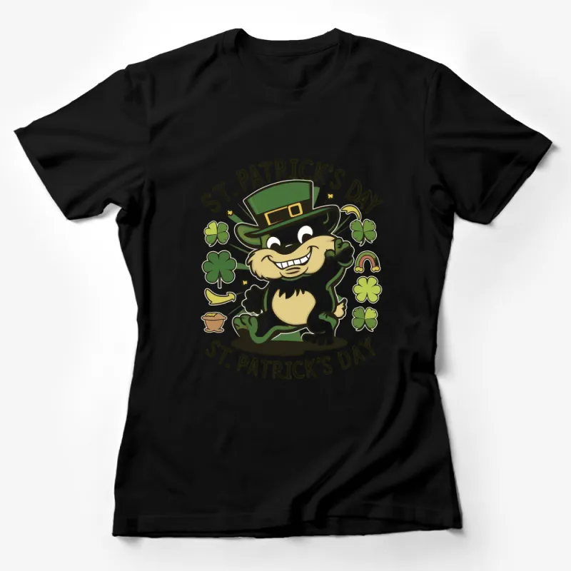 St. Patrick's Day T-Shirt with Charming Leprechaun Cat, Green Hat, Lucky Clover Graphic Tee, Unisex Adults Female T-Shirt