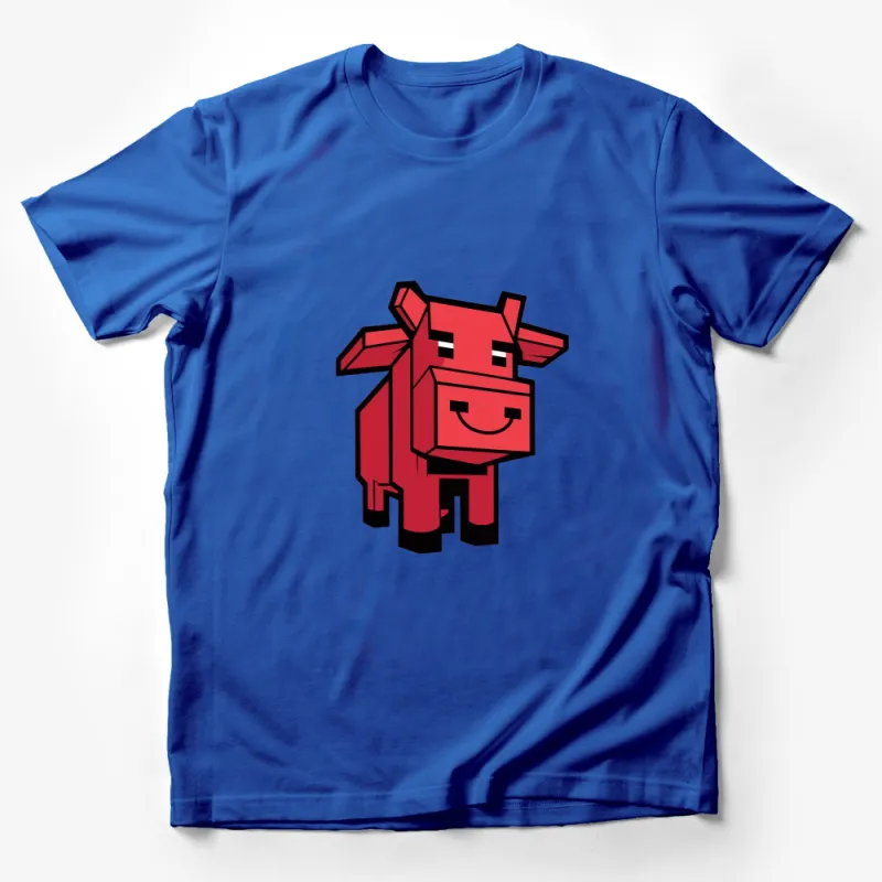 Cute Red Blocky Cow T-Shirt, Fun Pixel Art Farm Animal Tee, Unique Gift for Gamers and Animal Lovers Male T-Shirt