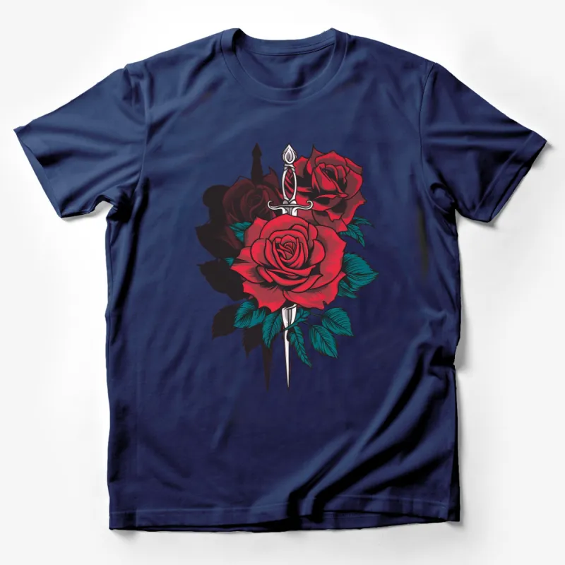 Gothic Red Rose and Sword Graphic T-Shirt, Dark Fantasy Floral Art Tee, Unisex Casual Apparel Male T-Shirt