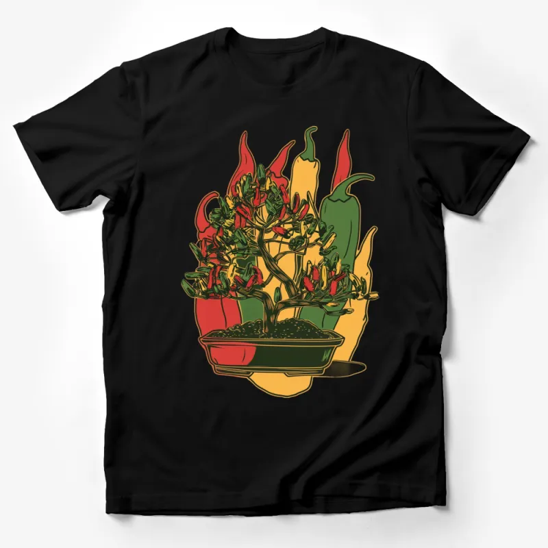 Vibrant Chili Pepper Bonsai Tree T-Shirt, Colorful Artistic Tee, Unique Plant Lover Gift Male T-Shirt