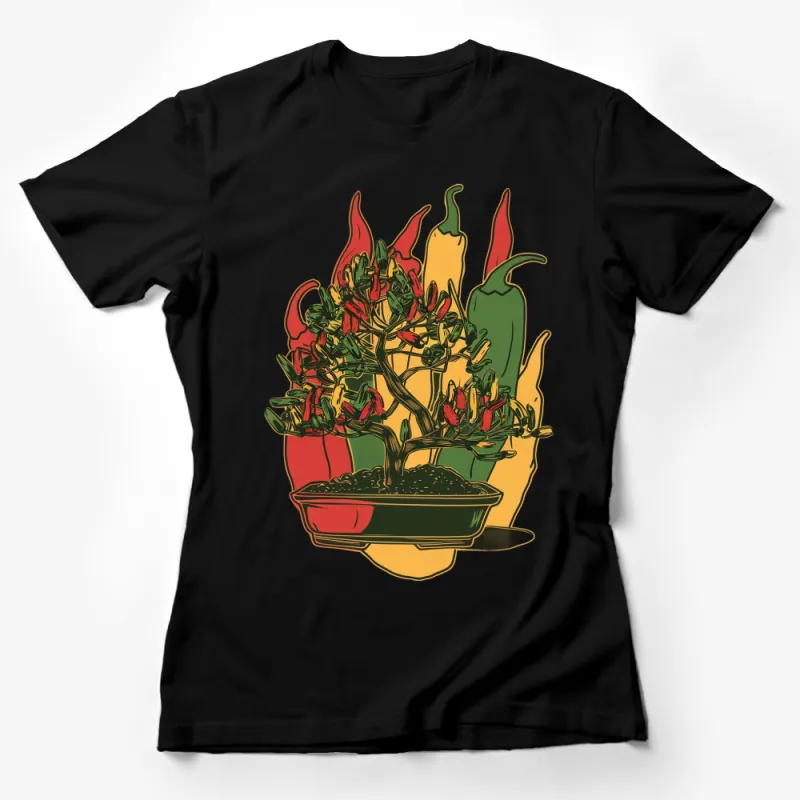 Vibrant Chili Pepper Bonsai Tree T-Shirt, Colorful Artistic Tee, Unique Plant Lover Gift Female T-Shirt