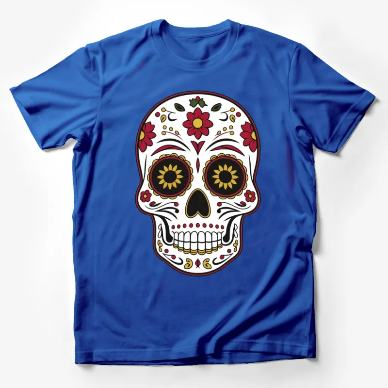 Colorful Sugar Skull T-Shirt, Dia de los Muertos, Mexican Folk Art Style, Floral Design, Unisex Tee Male T-Shirt