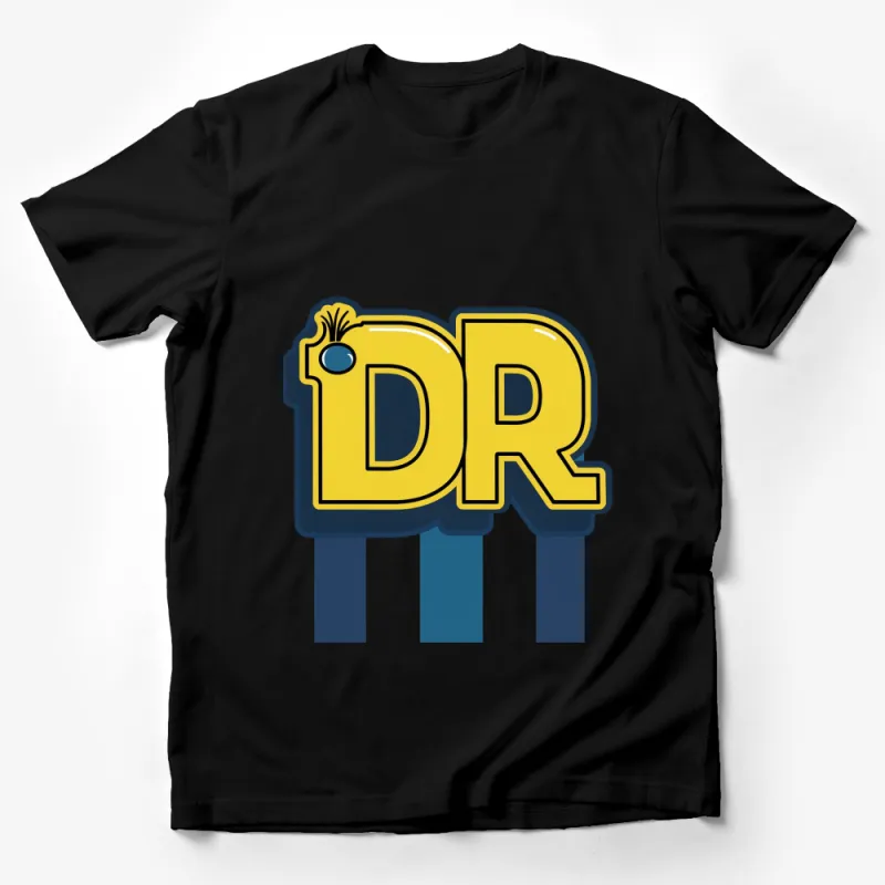 Colorful Dr Letter Graphic T-Shirt, Bold Blue and Yellow Casual Tee, Eye-catching Cartoon Style Shirt for All Male T-Shirt