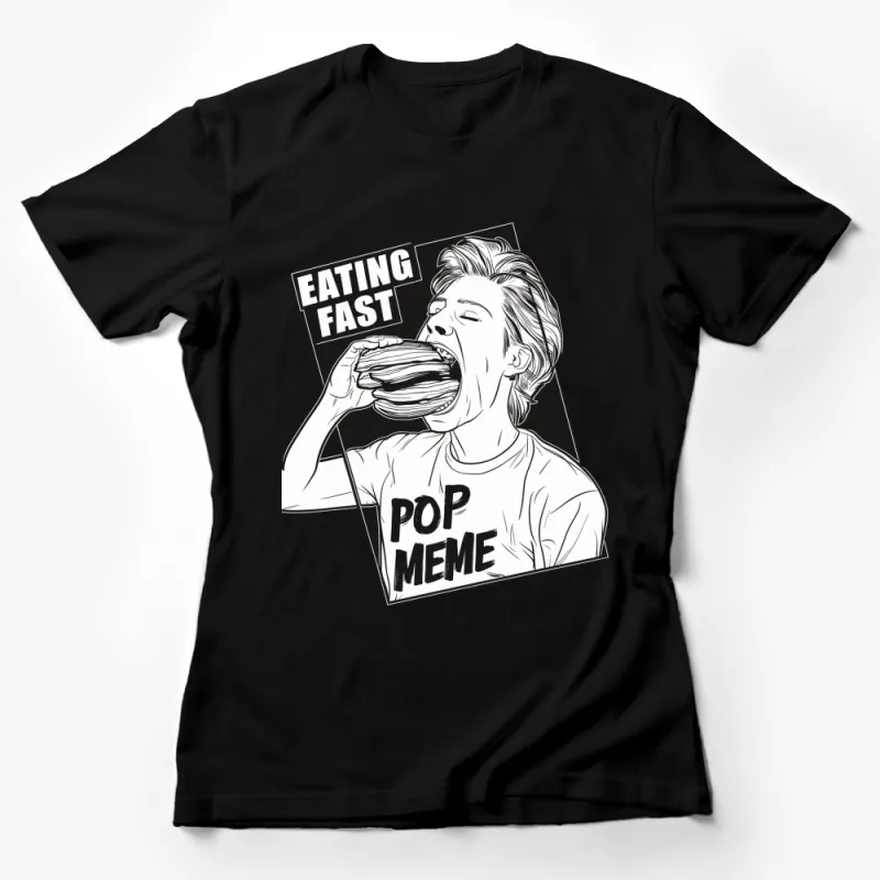 Pop Meme Eating Fast Burger Graphic T-Shirt, Vintage Style Black and White Tee, Unisex Female T-Shirt