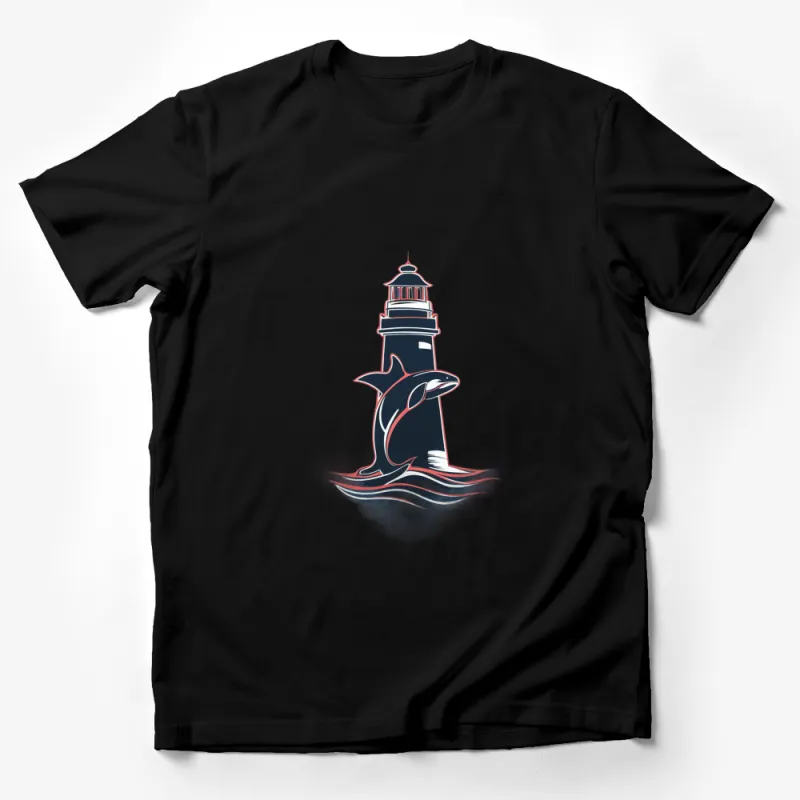 Nautical Lighthouse and Whale Graphic T-Shirt, Ocean Lover Oceanic Marine Life Tee, Unisex Casual Comfort Male T-Shirt