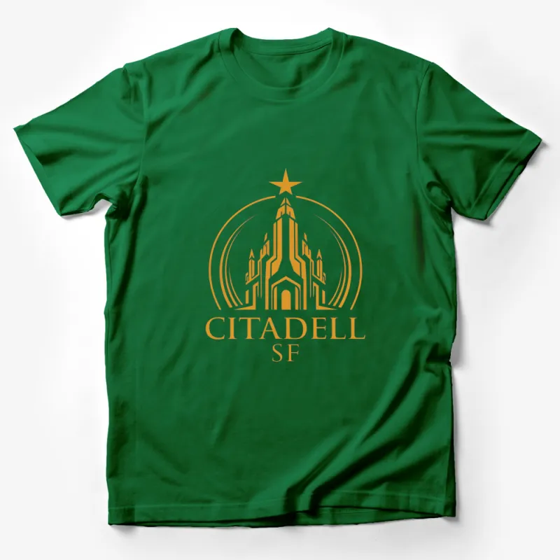 Gold Citadel SF Castle Logo T-Shirt, Star Building Unisex Graphic Tee, Stylish Modern Apparel Male T-Shirt