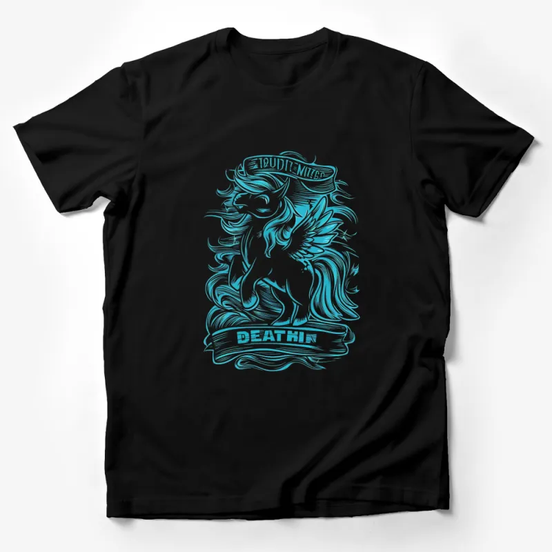 Mythical Pegasus Unicorn Graphic T-Shirt, Vintage Style Teal Design, Fantasy Creature Fashion Male T-Shirt