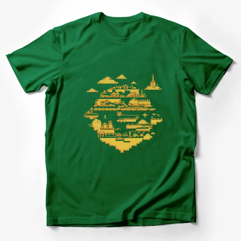 Pixel Art Cityscape Design T-Shirt, Unique 8-Bit Urban Skyline Graphic Tee, Gift for Gamers Male T-Shirt