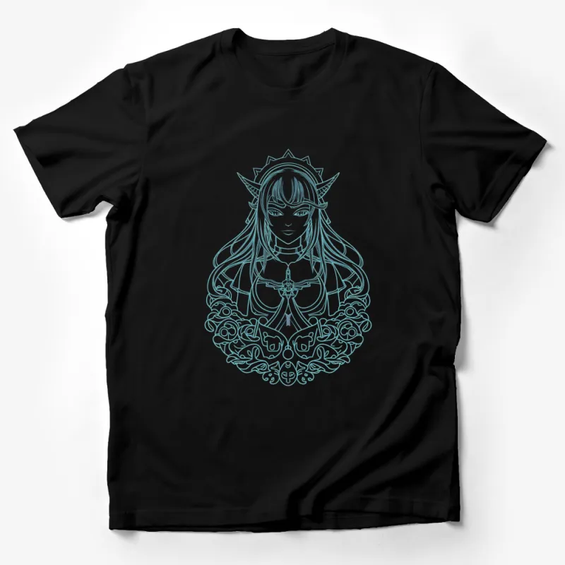 Fantasy Queen Line Art T-Shirt, Mystical Female Character, Ethereal Aesthetic Apparel Male T-Shirt