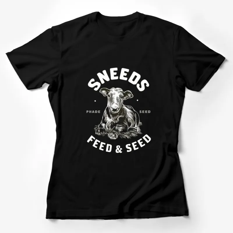 Sneed's Feed and Seed Cow Graphic T-Shirt, Unique Farm Themed Casual Wear, Unisex Black Tee Female T-Shirt