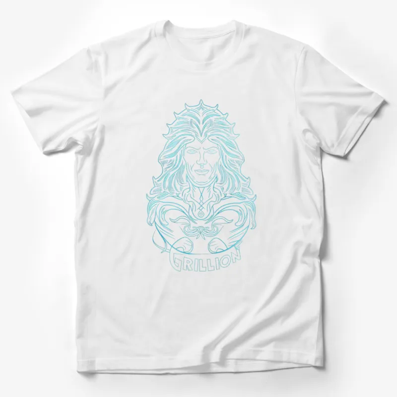 Fantasy Lion King Illustration T-Shirt, Ice Blue Graphic Tee, Unique Mythical Beast Design, Unisex Male T-Shirt