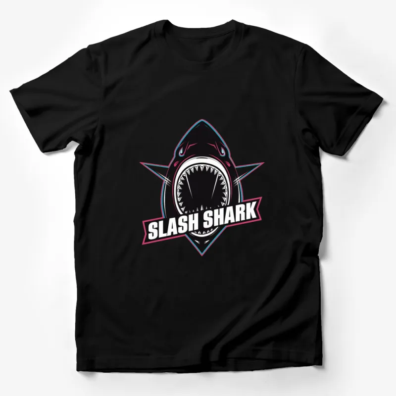 Slash Shark Graphic T-Shirt, Bold Pink and Black Shark Design, Unisex Tee for Shark Lovers Male T-Shirt