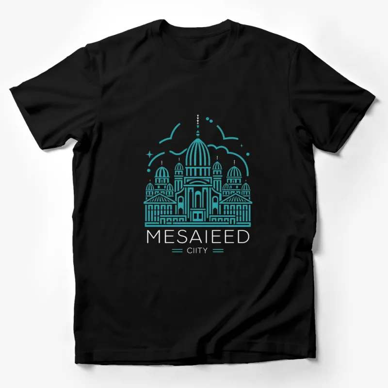 Mesaiied City Skyline T-Shirt, Artistic Dome Building Design, Unisex Graphic Tee, Aquamarine Print Male T-Shirt