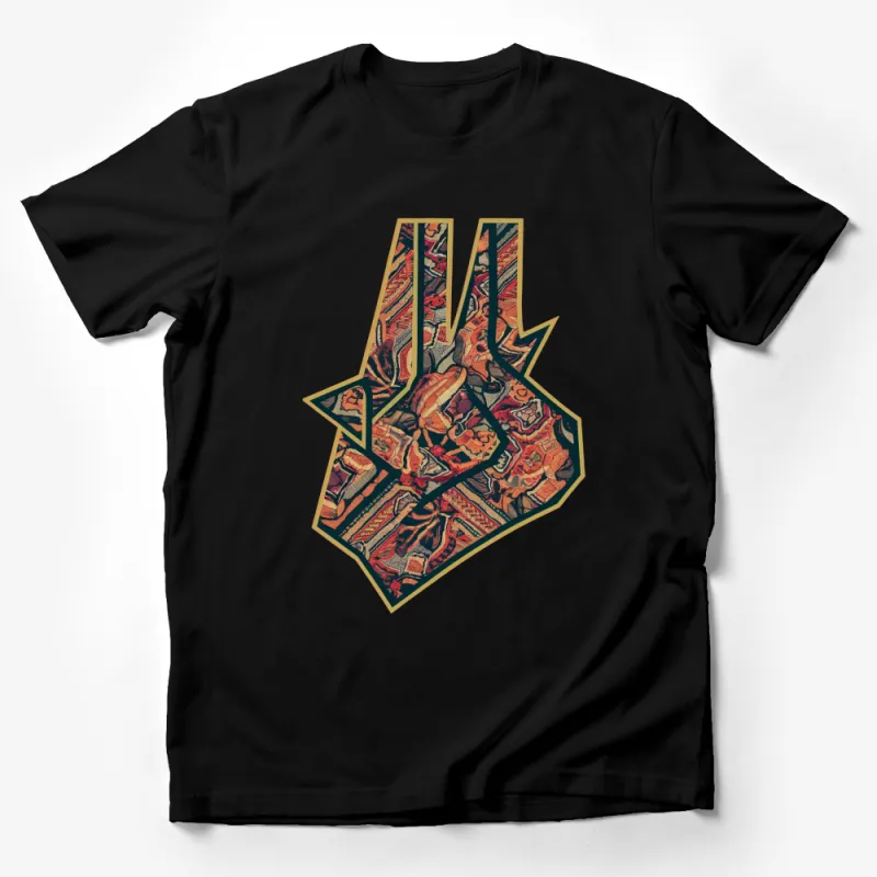 Vintage Tapestry Print Hand Sign T-Shirt, Unique Gesture Graphic Tee, Bohemian Style Casual Top Male T-Shirt