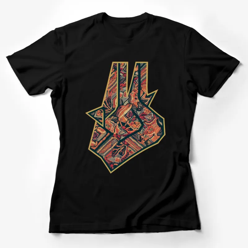 Vintage Tapestry Print Hand Sign T-Shirt, Unique Gesture Graphic Tee, Bohemian Style Casual Top Female T-Shirt