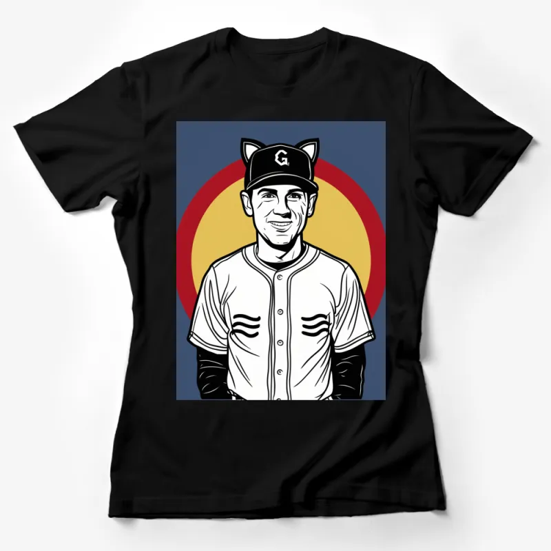 Vintage Style Baseball Player Graphic Tee, Retro Sports Fan T-Shirt, Unique Casual Sportswear Female T-Shirt