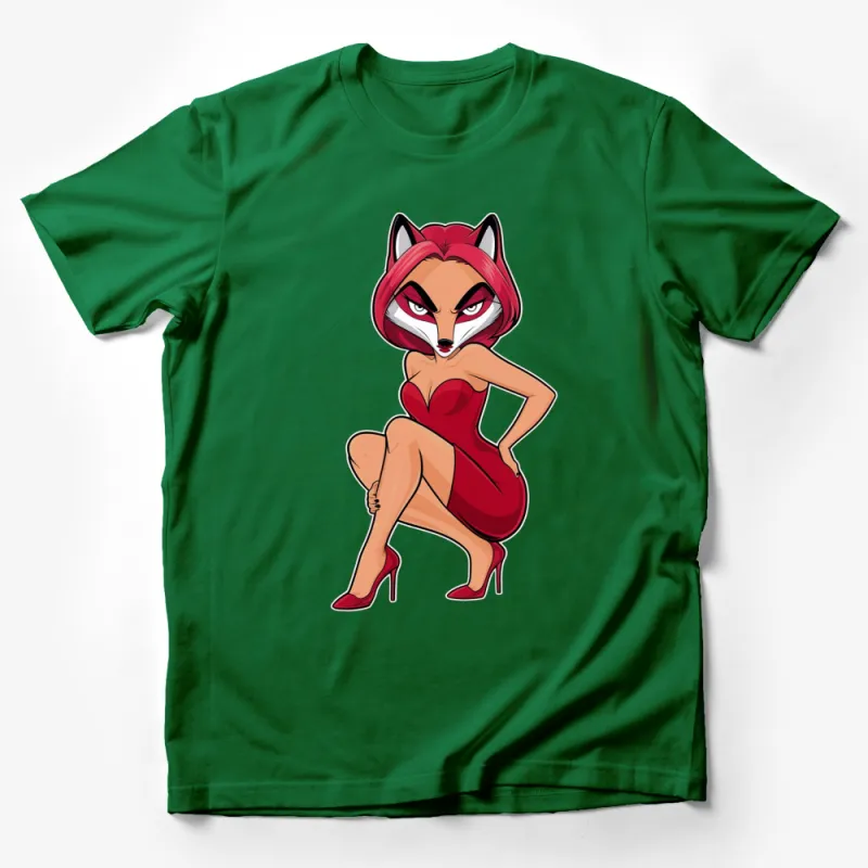 Women's Red Fox T-Shirt, Red Dress Cartoon Fox Graphic, Stylish Animal Tee Male T-Shirt