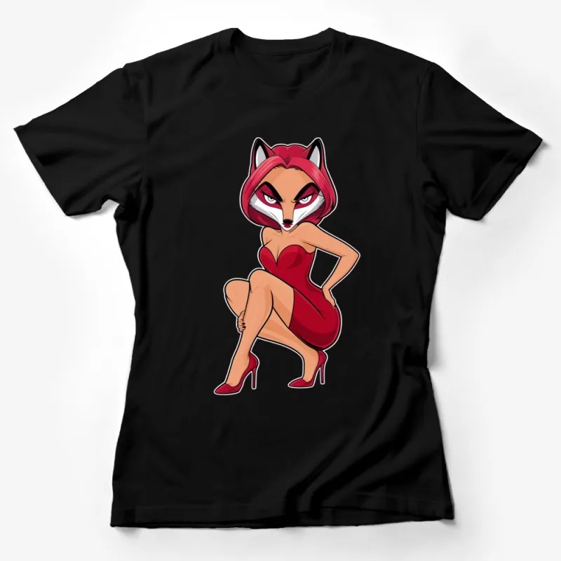 Women's Red Fox T-Shirt, Red Dress Cartoon Fox Graphic, Stylish Animal Tee Female T-Shirt