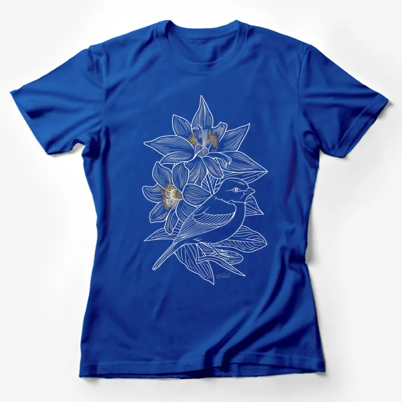 Elegant Floral and Bird Line Art T-Shirt, White Nature Inspired Graphic Tee, Unisex Fashion Female T-Shirt