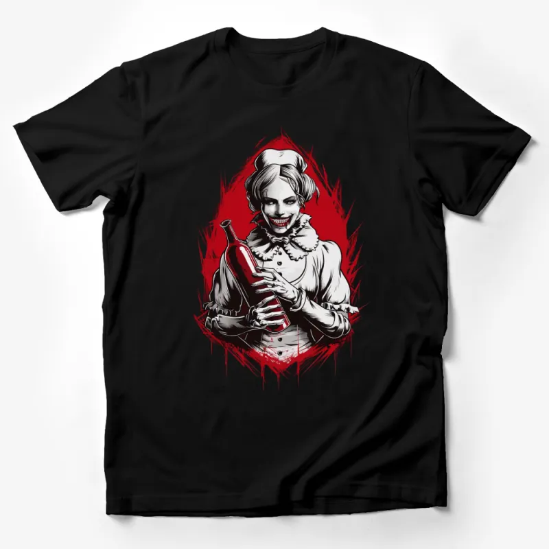 Twisted Clown Graphic T-Shirt, Scary Clown with Bottle, Red and White, Unisex Horror Tee Male T-Shirt