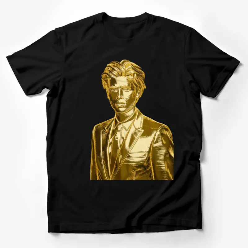 Golden Statue Graphic T-Shirt, Stylish Metallic Effect Portrait Tee, Unique Artistic Fashion Top Male T-Shirt