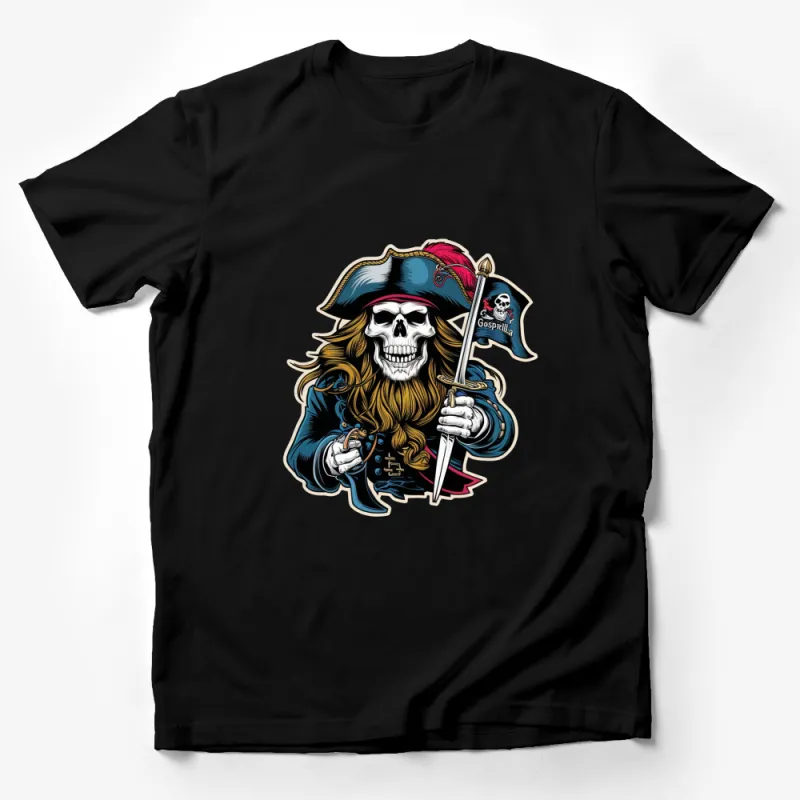 Pirate Skull with Sword and Hat Graphic T-Shirt, Cool Pirate Design Tee, Unique Skull Apparel Male T-Shirt