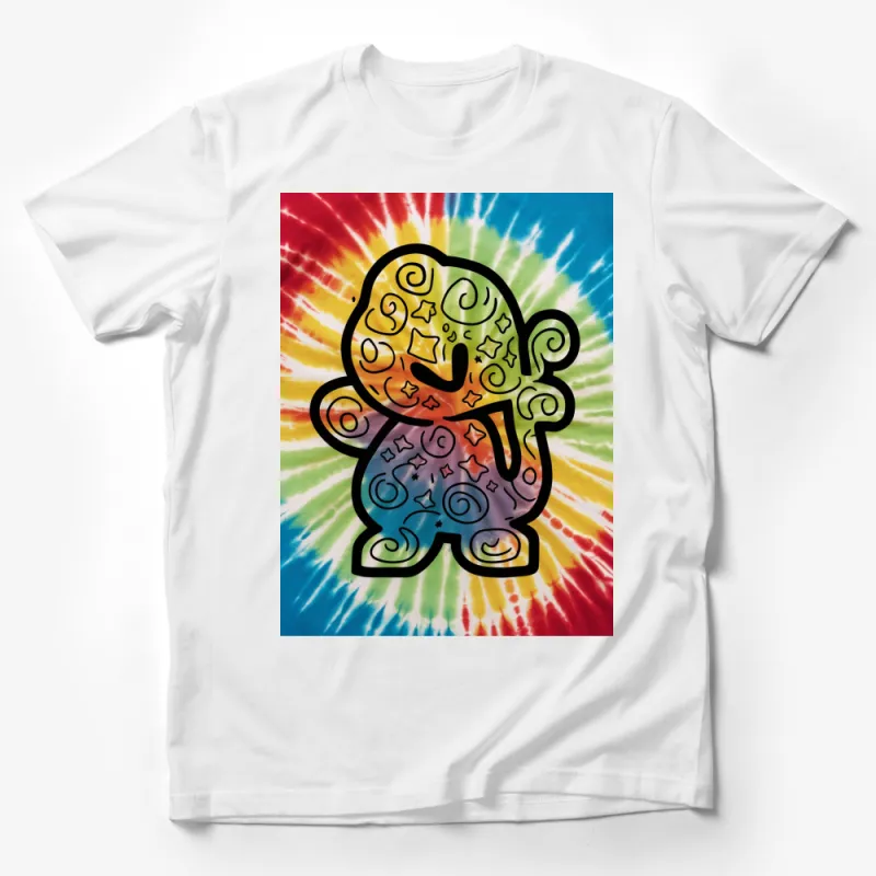 Colorful Tie-Dye T-Shirt with Abstract Cartoon Character, Vibrant Summer Tee, Unisex Casual Wear Male T-Shirt