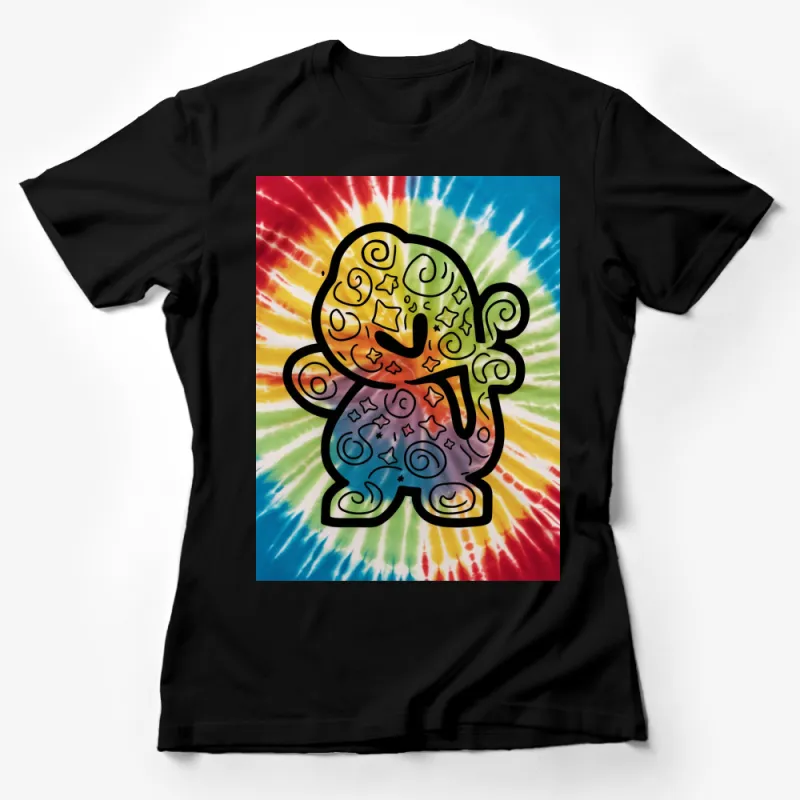 Colorful Tie-Dye T-Shirt with Abstract Cartoon Character, Vibrant Summer Tee, Unisex Casual Wear Female T-Shirt