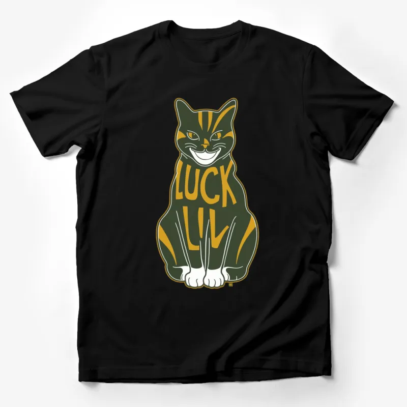 Lucky Cat T-Shirt, Green and Gold Smiling Cat Graphic Tee, Unique Cat Lover Gift, Unisex Male T-Shirt