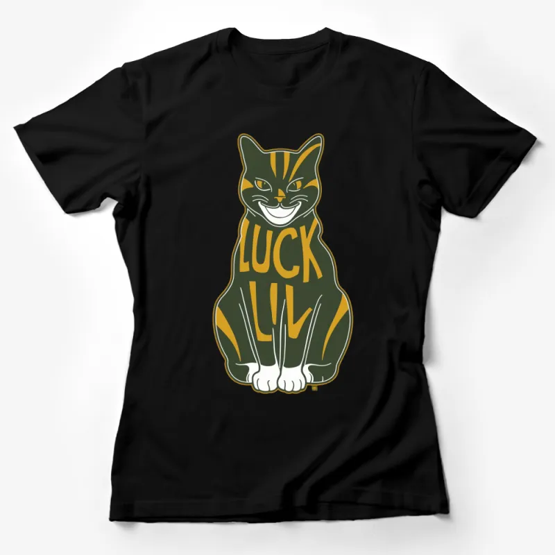 Lucky Cat T-Shirt, Green and Gold Smiling Cat Graphic Tee, Unique Cat Lover Gift, Unisex Female T-Shirt