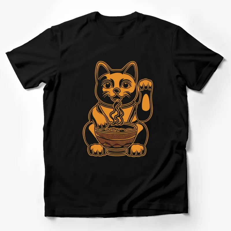 Cute Cat Eating Ramen Noodles Graphic T-Shirt, Unisex Orange Tee Gift for Cat Lovers Male T-Shirt