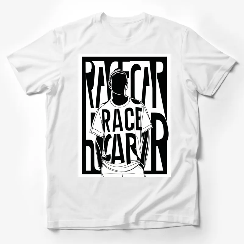 Monochrome Racer Graphic T-Shirt, Bold Black and White Racing Tee, Unisex Casual Streetwear, Fashionable Sports Top Male T-Shirt